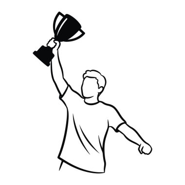 Kutlama için kupayı havada tutan bir adamın basit siyah beyaz çizgisi. Adam bir tişört giyiyor ve kısa saçlı. Sağ kolu kupayı tutarken, sağ kolu başının üstünde, sol kolu ise yana doğru uzanıyor. Arkaplan p