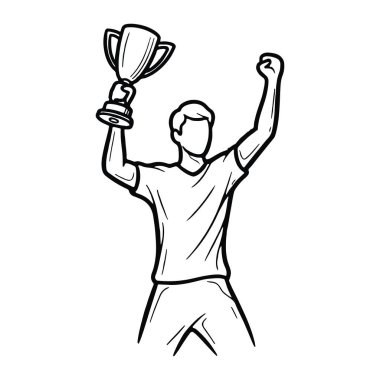 Bir elinde kupa tutan ve diğerini zaferle yükselten bir adamın basit siyah beyaz çizgisi. O bir tişört ve pantolon giyiyor ve yüzü detaylı değil. Arka plan bembeyaz, kutlama figürü ve kupayı vurguluyor..