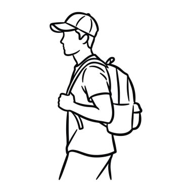 Yandan bakıldığında, şapkalı ve sırt çantalı bir adamın basit siyah beyaz çizgisi. Adam düz, minimalist bir şekilde tasvir edilmiş. Temiz hatları var, sola bakıyor. Belden yukarısına, kolları hafifçe bükülmüş olarak gösteriliyor..