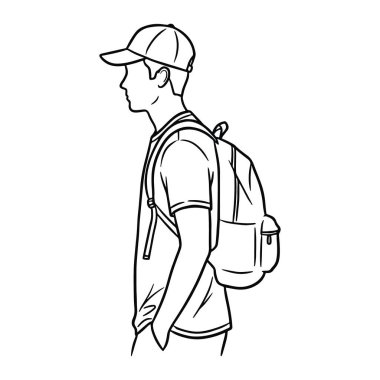 Yan taraftan bakıldığında, kep ve sırt çantası takan bir adam çizgisi. O, kısa kollu bir tişört giyiyor ve elleri cebinde. Beyaz arkaplanda siyah çizgiler var. Erkek, insan, erkek. Sırt çantalı adam, Mal.