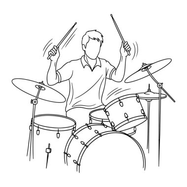 Davul çalan bir adamın siyah beyaz çizgisi. Onun kısa saçı var ve bir polo gömlek giyiyor. Davul setinde bir bas davul, trampet, Tom-tom ve iki zil bulunur. Adam iki elinde de but tutuyor ve hareket ediyor gibi görünüyor.