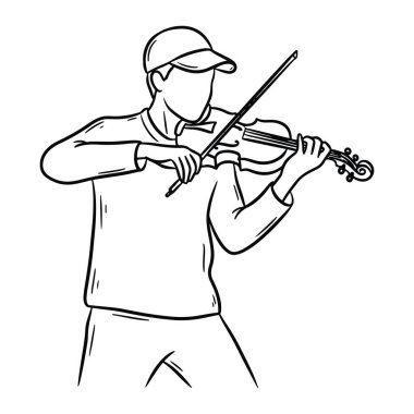 Keman çalan bir adamın basit bir çizgisi. O bir beyzbol şapkası ve uzun kollu bir gömlek giyiyor. Adam belden yukarısına, kemanı sol elinde, yayı da sağ elinde tutuyor. Siyah beyaz, kalın çizgileri ve mini çizgileri var.