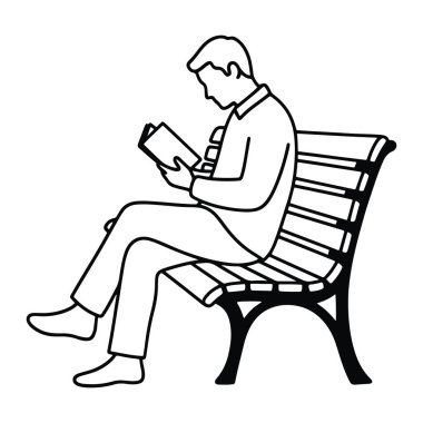 Bir bankta oturup kitap okuyan bir adamın basit siyah beyaz çizgisi. Adam yan bir görüntüde tasvir edilmiş, bacakları ayak bileklerinden çaprazlanmış, hafifçe sola doğru eğilmiş. Kısa saçlı, yakalı bir gömlek ve pantolon giyiyor. Yedek kulübesi.