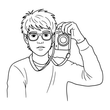 Kısa saçlı ve gözlüklü bir adamın yüzüne kamera dayadığı siyah beyaz bir çizgi. Kazak giyiyor ve tarafsız bir ifadesi var. Beyaz zemin üzerinde kalın çizgileri olan basit bir soru. Adam, insan, kamera. Kameralı ve camlı adam.