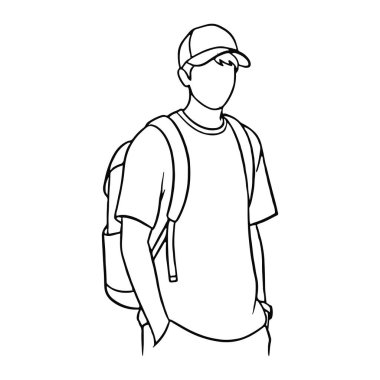 Beyzbol şapkası ve sırt çantası takan bir adamın basit bir çizgisi. O, elleri ceplerinde hareketsiz duruyor. Siyah-beyaz, kalın çizgilerle adamın dış hatlarını belirliyor ve adam kısa kollu bir tişört giyiyor ve sırt çantası da...