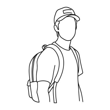 Beyzbol şapkası ve sırt çantası takan bir adamın basit bir çizgisi. Adam minimalist bir şekilde tasvir ediliyor. Yüzü yok. Belden yukarı, sağa bakıyor. Sırt çantası sağ omzuna asılmış..