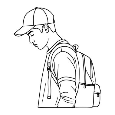 Beyzbol şapkası ve sırt çantası takan bir adamın basit bir çizgisi. Adam profilden gösteriliyor, sola bakıyor, başı hafifçe eğik. Kısa kollu bir gömlek, kayışlı bir sırt çantası ve bir cep telefonu giyiyor..