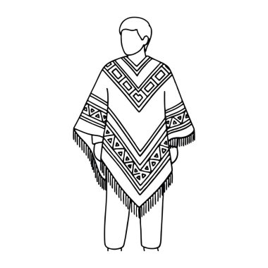 Geometrik desenli ve püsküllü bir panço giyen basit bir adam çizgisi. Pançoda V şeklinde üçgenler ve kareler var, ve adam belden kafaya kadar tasvir ediliyor. Siyah-beyaz, ek ayrıntı ya da gizli bilgi yok.