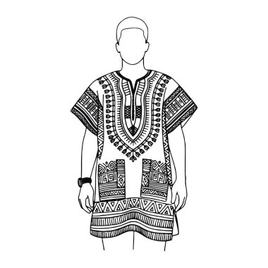 Karmaşık desenli geleneksel Afrika Dashiki tişörtü giyen bir adamın basit çizgisi ve gömlek beyaz arka planda siyah renkli geometrik ve kabile sembollerinin karışımı. Adam kısa saçlı ve sol bileğinde bir saatle tasvir ediliyor. Şey...