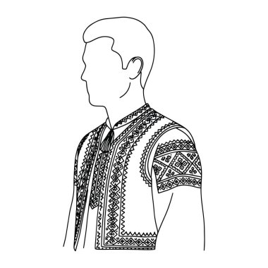 Geleneksel işlemeli gömlek giyen siyah beyaz bir adam. Profilde, yüzü sola dönük, kısa saçlı, kısa kollu, karmaşık desenli gömlekli bir adam görülüyor. Gömleğin tasması var ve çeşitli geometrik şekillerle süslenmiş.