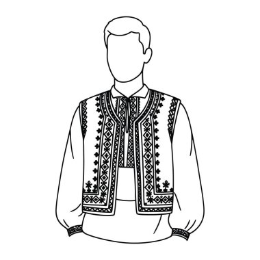 Geleneksel işlemeli yelek ve gömlek giyen bir adamın siyah beyaz çizgisi. Yeleğin karmaşık desenleri var ve adamın kısa saçı var ve yüzü yok..