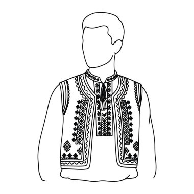 Geleneksel Ukrayna nakışlı yelek giyen basit bir adam çizgisi. Çelik yelek karmaşık desenler ve sergilenen kültürel miras. Adamın kısa saçları ve tarafsız bir ifadesi var. Siyah ve beyaz renkli, kalın çizgilerle...