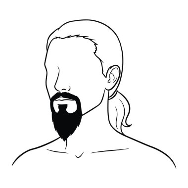 Sola bakan bir adamın başı ve omuzlarından oluşan basit bir çizgi. Sakalı ve at kuyruğu var. Yüzü minimal, sadece burnu, ağzı ve kulağı tanımlı. Sakal kalın ve siyah, geri kalanı ise basit bir siyah çizgi.