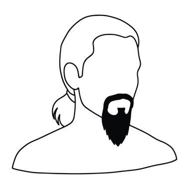 Yan profilde bir adamın kafasının ve omuzlarının basit bir çizgisi. Sakalı ve at kuyruğu var. Siyah beyaz ve kalın çizgileri var. Adamın yüzü detaylandırılmamış. Adam, sakal, at kuyruğu. Sakallı, at kuyruklu, siyah beyaz saçlı bir adam..