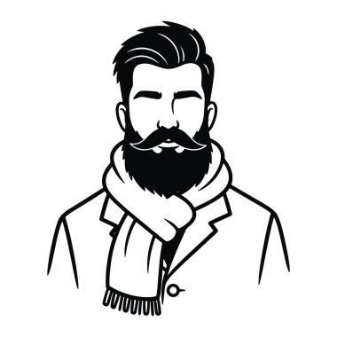 Siyah beyaz sakallı, bıyıklı atkı ve palto giyen bir adam. Adamın kısa saçları, bakımlı sakalı ve bıyığı var. Boynuna bir eşarp ve düğmeli bir ceket takıyor. S harfi olmayan basit bir satır biçimi.