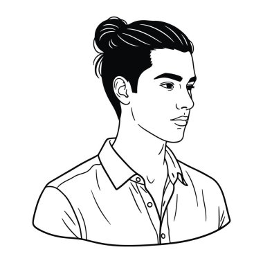 Bir adamın başı ve omuzlarından oluşan siyah beyaz bir çizgi. Topuz şeklinde koyu renk saçları var ve düğmeli yakalı bir gömlek giyiyor. Sağa baktığında yüz ifadesi nötr. Arkaplan düz beyaz.
