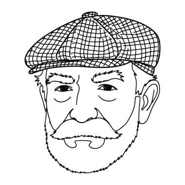 Bir adamın başı ve omuzlarından oluşan basit bir çizgi. Önemli bir bıyık, sakal ve ekose bir şapka. Siyah ve beyazdır, arkaplanı tanımlayan kalın çizgiler sade beyazdır..