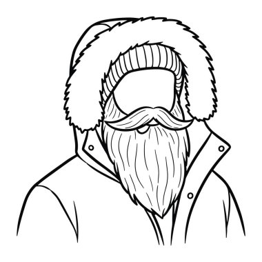 Kürklü kış şapkası ve palto giyen bir adamın kafası ve omuzları. Adamın uzun bir sakalı ve bıyığı var. Şapka ve sakal yüzünü kapatmış. Beyaz arkaplandaki siyah çizgiler.
