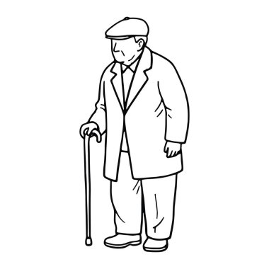 Sağ elinde baston tutan yaşlı bir adamın basit bir çizgisi. Düz bir şapka, uzun bir ceket, kravat ve ayakkabıyla bir takım elbise giyiyor. Siyah beyaz, kalın çizgiler ve en az gölgelendirme ile. Bu adam savaş meydanında resmedilmiş.