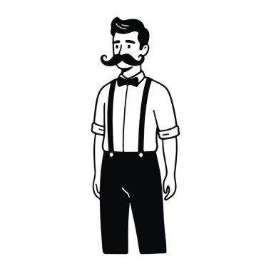 Siyah beyaz bıyıklı, beyaz gömlekli, kolları kıvrılmış, siyah askılı ve papyonlu bir adam. Kısa saçları var ve kolları yanlarında duruyor. Basit, minimalist bir stil. Cesur hatları var ve hiç shad yok.