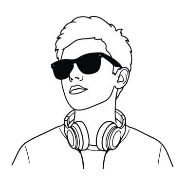 Kısa saçlı, boynuna kulaklık takan ve güneş gözlüğü takan bir gencin basit siyah beyaz çizgisi. Kişi omuzlarından bembeyaz bir arka plana doğru tasvir edilir. Kulaklıklar boynuna yerleştirilmiş, kapağına değil.