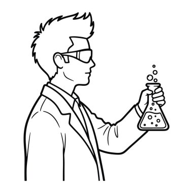 Üzerinde kabarcıklar olan bir deney şişesi tutan laboratuvar önlüklü ve gözlüklü bir adamın siyah beyaz çizgisi. Adamın profili gösteriliyor, yüzü sağa dönük, sağ kolu şişeyi tutarken. Şişede kabarcıklı bir sıvı var.
