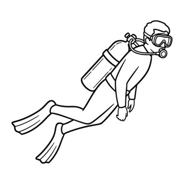 Scuba dalgıcının siyah beyaz çizgisi sağa doğru yüzüyor. Dalgıç dalgıç dalgıç dalgıç kıyafeti giyiyor, sırtında oksijen tüpü, ayaklarında palet, gözlerinde gözlük ve ağızlarında şnorkel var. Dalgıcın bedeni çapraz konumda.