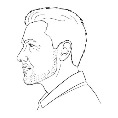 Bir adamın profilinin siyah beyaz çizgisi. Kısa saçlı, sakallı ve yakalı bir gömleği var. Bu, bir adamın kafasının ve omuzlarının basit, iki boyutlu bir temsili. Adamım, yan profil, kısa saç. sh 'li bir adamın yan profili