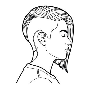 Bir kadının başı ve omuzlarından oluşan siyah ve beyaz bir çizgi. Gözleri kapalı ve belirgin bir alt kesim saç stili var. Kenarlarında ve sırtında kısa saç ve alnında uzun saçlar var. Yüzü sadeleştirilmiş.,