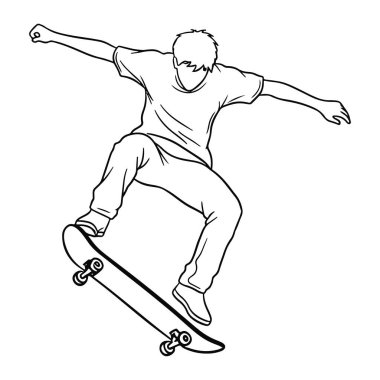 Bir kaykaycının siyah beyaz çizgisi havada, kolları açık ve bir ayağı kaykayın üzerinde. Kaykaycı bir tişört ve pantolon giyiyor ve kısa saçlı. Arkaplan düz beyaz.