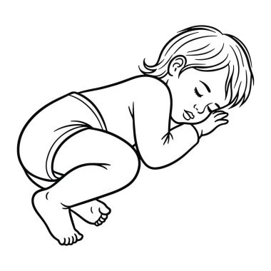Tek eli başının altında kıvrılarak uyuyan bir bebeğin basit siyah beyaz çizgisi. Bebeğin kısa saçı var ve bebek bezi giyiyor. Arka plan düz beyaz. Minimalist çizgi film tarzında, kalın çizgilerle yapılır..