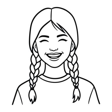 Saçları örgülü, gülümseyen bir kız çizgisi. Beyaz arka planda siyah bir taslak. Kızın iki örgüsü var ve neşeli bir ifadeyle göz kırpıyor gibi görünüyor. Yüzü minimalist ama anlamlı. O, basit bir gömlek giyiyor..