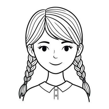 Örgü örgülü at kuyruğu ve yakalı gömlekli gülümseyen genç bir kızın basit siyah beyaz çizgisi. Kalın çizgileri, gölgesi ya da rengi olmayan minimalist bir tarz. Kızın yüz ifadesi cana yakın ve cana yakın, hafif bir gülümseme ve...