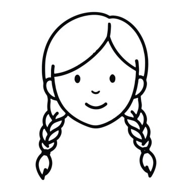 Örgü örgülü saçlarıyla gülümseyen bir kızın basit bir çizgisi. Beyaz arka planda koyu siyah çizgileri olan bir minimalist. Kızın kavisli bir gülümsemesi ve küçük gözleri olan neşeli bir yüzü var. Saçları iki örgü şeklinde örülmüş.