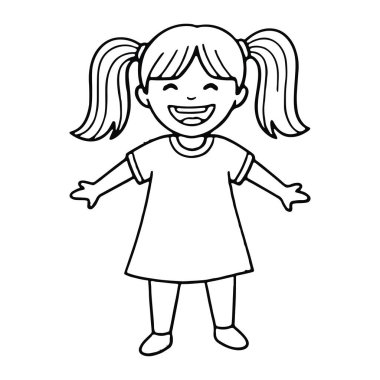 Saçları örgülü, elbise giymiş gülümseyen genç bir kız çizgisi. Kollarını yanlara doğru uzatmış ve düz beyaz bir arka planda duruyor. Siyah-beyaz, kalın çizgileri ve küçük detayları olan, neşeli ve kaprisli.
