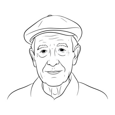 Nazik bir gülümsemesi olan, düz bir şapkası ve yakalı bir gömleği olan yaşlı bir adamın basit bir çizgisi. Siyah-beyaz, en az gölgelendirme ile, adamın yüz hatlarına ve yüz hatlarına odaklanıyor. Gözlerinin etrafında görünür kırışıklıklar var.