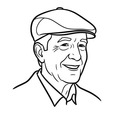 Yüzünde gülümseme olan yaşlı bir adamın siyah beyaz çizgisi. O düz bir şapka ve yakalı bir gömlek giyiyor. Bu, adamın kafasını ve omuzlarını bembeyaz bir arka plana karşı göstermektir..