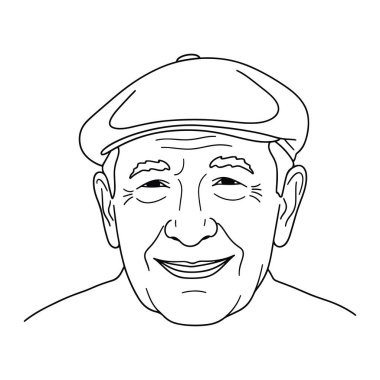 Düz bir şapka takıp gülümseyen yaşlı bir adamın basit bir çizgisi. Siyah beyaz çizgiler, adamın yüzünü tanımlayan kalın çizgiler, göz ve ağız çevresindeki kırışıklıklar. Omuzlarından yukarısına, düz beyaz bir arka planı var..