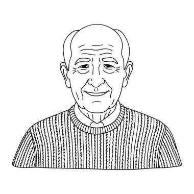 Kel kafalı ve kazaklı, gülümseyen yaşlı bir adamın siyah beyaz çizgisi. Adamın yüzünde kırışıklıklar ve nazik bir gülümseme var. Omuzlarından bembeyaz bir zemine doğru tasvir edilir..