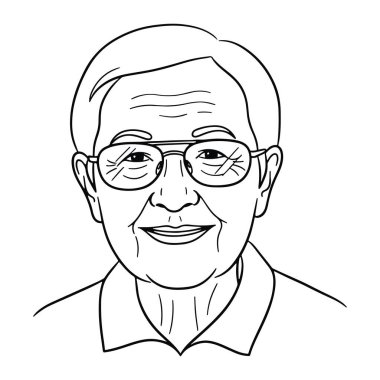 Kısa saçlı ve gözlüklü yaşlı bir adamın basit siyah beyaz çizgisi. Gülümsüyor ve doğrudan izleyiciye bakıyor. Adamın yüz ve yüz ifadesine odaklanarak, en az detay içeren basit bir soru..