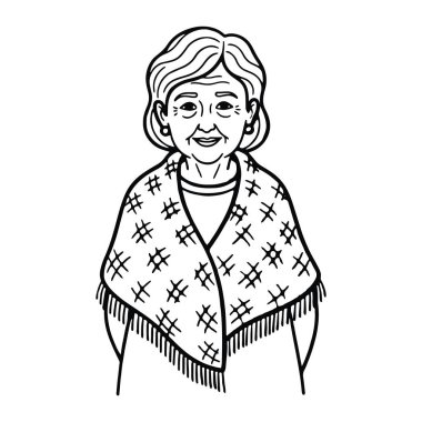 Kısa saçlı ve küpeli, geometrik desenli ve püsküllü bir şal takan gülümseyen yaşlı bir kadının siyah beyaz çizgisi. Basit beyaz bir arkaplan. Son sınıf öğrencisi, gülümseyen, şallı. Gülümseyen son sınıf öğrencisi kadın püsküllü ve geometli şal giyiyor.