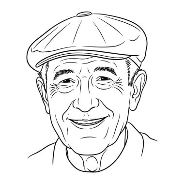 Yasli bir adamin sicak bir gülümsemesi olan yasli bir adam çizgisi, yasli bir kasket takiyor. Belirgin yüz kırışıklıkları ve dostça bir ifade. Adamın elbisesinde arka planda görünen düğmesi olan yakalı bir gömlek var.