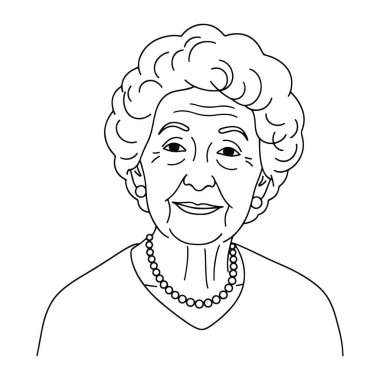 Kısa kıvırcık saçlı, kolye ve küpe takan gülümseyen son sınıf öğrencisi bir kadının basit bir çizgisi. Siyah-beyaz çizgili, kalın çizgilerle kadının yüzünde sıcak bir gülümseme ve kırışıklıklar var. Omuzlarından yukarısına doğru tasvir edilir.