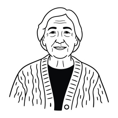 Siyah beyaz çizgili, kısa saçlı, gülümseyen yaşlı bir kadın siyah bir gömleğin üstüne hırka giyiyor. Görünür bir yüz dokusu ve sade bir arkaplanı olan basit ama ayrıntılı bir yüz. Son sınıf öğrencisi, gülümseyen, kısa saçlı. Gülümseyen son sınıf kadını.