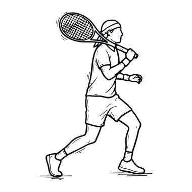 Omzunda tenis raketi tutan bir adamın siyah beyaz çizgisi. Saç bandı, bileklik, tişört, şort ve ayakkabı giyiyor. Hareket çizgileri olan hareketli bir aksiyon sahnesi. Basit, kalın çizgileri ve mi