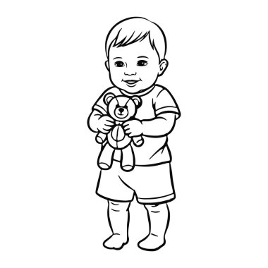 Kısa saçlı, gömlek ve şort giyen, ayakta duran ve kollarında oyuncak ayı tutan bir çocuğun siyah beyaz çizgisi. Çocuğun yüzünde bir gülümseme var ve basit bir çizgi film tarzında tasvir ediliyor..