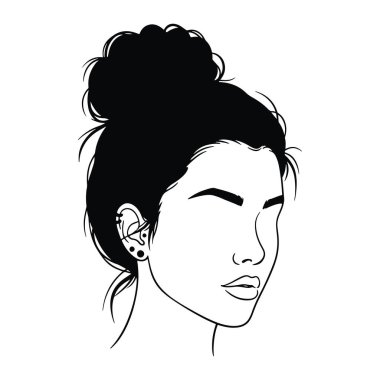 Gözleri kapalı, saçları topuz şeklinde olan bir kadının basit siyah beyaz yüzü. Kulağında küpeleri ve minimalist estetiği var. Arka plan düz beyaz. Kadın, yüz, kapalı gözler. Bun hai 'da saçları ve gözleri kapalı bir kadın yüzü