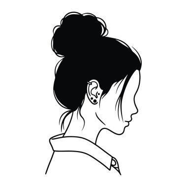 Yandan bakıldığında, bir kadının basit siyah-beyaz profili. Saçları topuz şeklinde ve kulağında küpeler ve piercingler var. Yakalı bir gömlek giyiyor ve minimalist bir görünüşü var. Rengi ve gölgesi olmayan bir çizgi