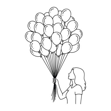 Elinde bir sürü balon tutan basit bir kadın çizgisi. Siyah-beyaz, kadın ve balonların düz beyaz arka planda çizildiği. Kadının uzun saçları var ve yüzünü sola doğru çeviriyor. Kolunu yukarı doğru uzatıyor.