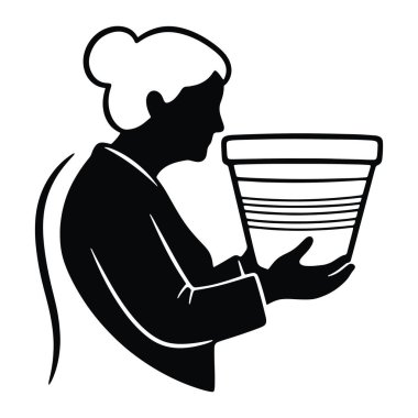 Şef önlüğü giymiş, elinde çizgili kova tutan siyah beyaz bir kadın. Kadının saçı topuz şeklinde ve uzun kollu bir önlük giyiyor. Silüetinde sadece siyah ve beyaz renkler kullanılmıştır. Kovanın yatay çizgileri var.